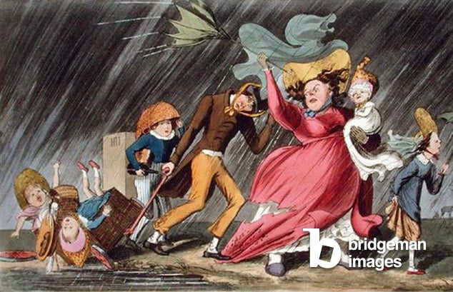 A Gipsying Party Returning Home Through a Storm, published by Thomas McLean, London, 1827 (coloured etching), Theodore Lane, (1800-28)  Private Collection  The Stapleton Collection  Bridgeman Images