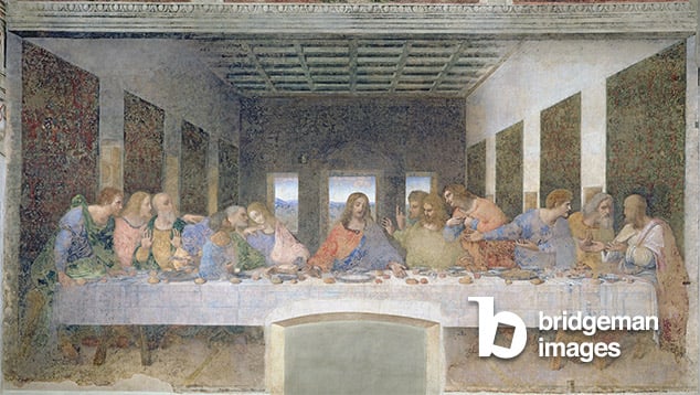 The Last Supper, 1495-97 (fresco) (post restoration), Leonardo da Vinci (1452-1519)  Santa Maria delle Grazie, Milan, Italy  Bridgeman Images