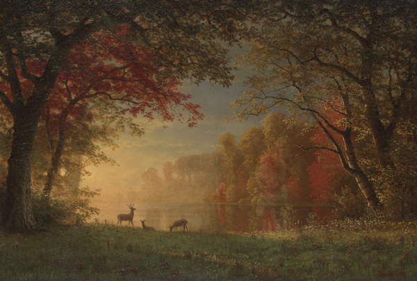 Indian Sunset- Deer by a Lake, c.1880-90 (oil on canvas), Bierstadt, Albert (1830-1902)  Yale University Art Gallery, New Haven, CT, USA  Bridgeman Images