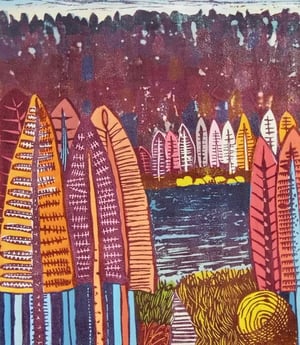 The Lake, 2009 (gouachelinocut)  © Liz Somerville  Bridgeman Images