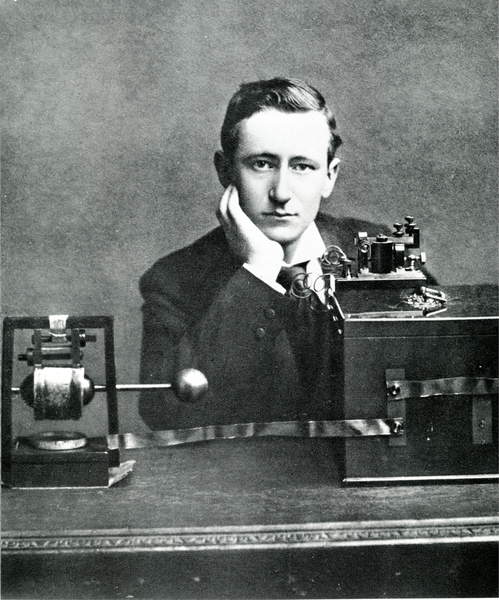 Guglielmo Marconi in front of his machine. sd. early 20th century., Unknown photographer, (20th century)  Private Collection  © Giancarlo Costa  Bridgeman Images  4750527