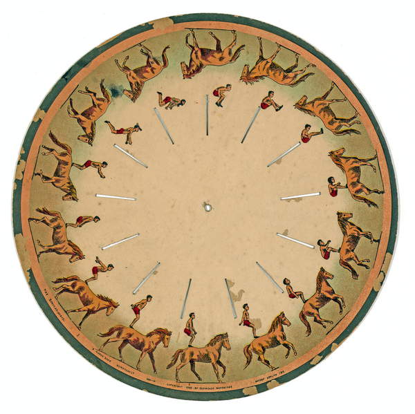 zoopraxiscope disc showing an acrobat performing a horse back somersault , 1893 (litho), Muybridge, Eadweard (1830-1904)  Private Collection  Prismatic Pictures  Bridgeman Images  3121790