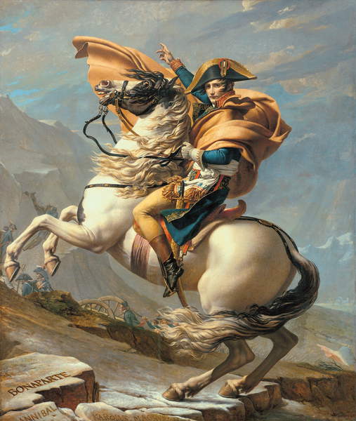 Napoleon (1769-1821) Crossing the Alps at the St Bernard Pass, 20th May 1800, c.1800-01 (oil on canvas), David, Jacques Louis (1748-1825)  Musee National du Chateau de Malmaison, Rueil-Malmaison, France  Bridgeman Images