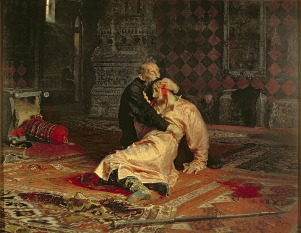 Ivan the Terrible and his Son on the 16th November, 1581, Tsar Ivan IV Vasilievich killed his son in a fit of anger; Ilya Efimovich Repin (1844-1930) / Bridgeman Images
