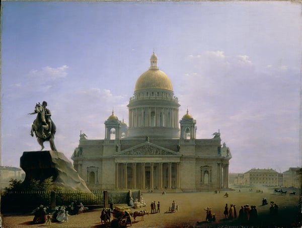 St. Isaac's Cathedral with a Statue of Peter the Great, 1844 (oil on canvas) / Maksim Nikiforovich Vorobiev (1787-1855) / State Russian Museum / Bridgeman Images