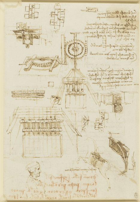 Studies for casting apparatus, and miscellaneous notes, c.1492-93 (pen & ink and chalk on paper), Leonardo da Vinci (1452-1519) / © Royal Collection / Royal Collection Trust © Her Majesty Queen Elizabeth II, 2021 / Bridgeman Images