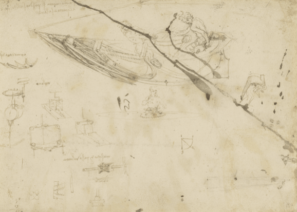 Designs for boats and other machinery, c.1485 (leadpoint, pen & ink on paper), Leonardo da Vinci (1452-1519) / © Royal Collection / Royal Collection Trust © Her Majesty Queen Elizabeth II, 2021 / Bridgeman Images