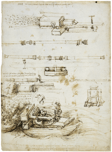 Studies of gun-barrels and mortars, c.1485-90 (pen & ink on paper), Leonardo da Vinci (1452-1519) / © Royal Collection / Royal Collection Trust © Her Majesty Queen Elizabeth II, 2021 / Bridgeman Images