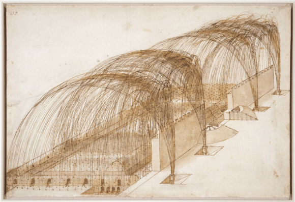 Mortars bombing a fortress, c.1503-04 (pen & ink, wash and chalk on paper), Leonardo da Vinci (1452-1519) / © Royal Collection / Royal Collection Trust © Her Majesty Queen Elizabeth II, 2021 / Bridgeman Images