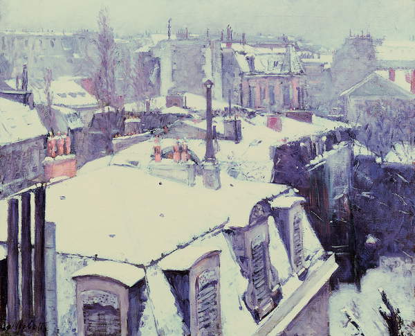 Winter scene: 16129 View of Roofs (Snow Effect) or Roofs under Snow, 1878 (oil on canvas), Caillebotte, Gustave (1848-94)  Musee dOrsay, Paris, France  Bridgeman Images
