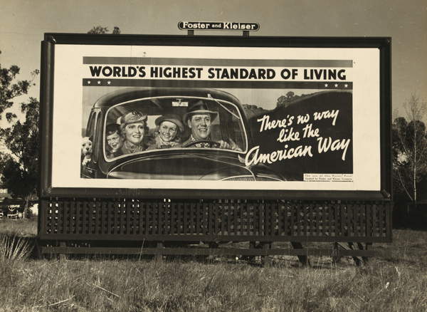 Billboard advertising on U.S. Highway 99 in California, 1937 (bw photo), Lange, Dorothea (1895-1965)  Private Collection  Bridgeman Images 