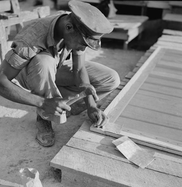 Man Building Home Screen Door, Ridge, Maryland, USA, 1941 (bw photo), Wolcott, Marion Post (1910-90)  Circa Images  Bridgeman Images