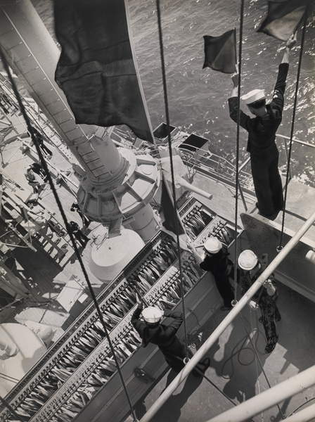 Navy Signalman using semaphore flags as he communicates with another ship  on board the USS Maryland, San Pedro, CA, 1939 (gelatin silver print), Bourke-White, Margaret © Museum of Fine Arts, Houston  Bridgeman Images