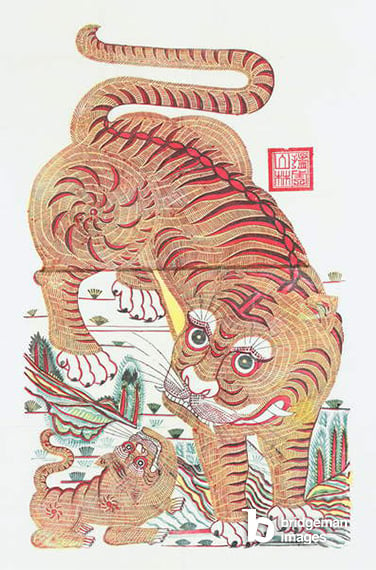 Ferocious tiger of the mountain, c.1980s (woodblock print), Chinese School (20th century) / FuZhai Archive / Bridgeman Images