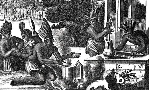 How the Natives of New Spain Prepared Cacao for Chocolate (engraving), French School, (16th century)  Bibliotheque Nationale, Paris, France  / Bridgeman Images