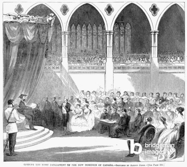 CANADA: PARLIAMENT, 1867 Opening the first Parliament of the new dominion of Canada, 1 July 1867. Wood engraving from a contemporary American newspaper. / Granger / Bridgeman Images