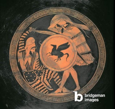 Red Figure Kylix, illustrating a battle scene between a hoplite, carrying a round shield with Pegasus motif and a bearded, reclining Persian, Attic, Greek, 460 BC (earthenware), The Triptolemos Painter (fl. 460 BC) / National Museums Scotland / © National Museums Scotland / Bridgeman Images