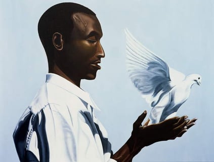 image painting of a black man freeing a white dove Be Free Three (oil & acrylic on canvas), Mucherera, Kaaria (Contemporary Artist)  Private Collection  © Kaaria Mucherera  Bridgeman Images 243578