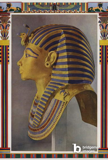 Image of Gold portrait mask from the mummy of Tutankhamun, discovered in the Pharaoh's tomb by Howard Carter in 1922 (colour litho), English School, (20th century) / English, Private Collection, © Look and Learn / Bridgeman Images