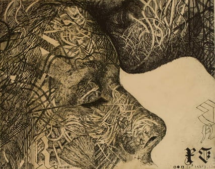 image illustration of a close up of 2 tattooed faces: one is kissing the other on the forehead  Consolation, 2019, (etching), Purzycka, Edyta  Private Collection  © Edyta Purzycka  Bridgeman Images 6308572