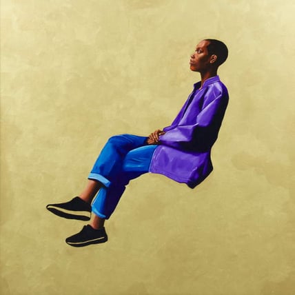 image painting of a black young man in a sitting position floating on a plain background Hanging Around II, Heald, Victoria  Private Collection  © Victoria Heald  Bridgeman Images 6331021