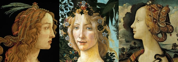 L-R: Portrait of a Young Woman, 1485, & Primavera, c.1478; Portrait of Simonetta Vespucci (1453-76) by Pero di Cosimo 
