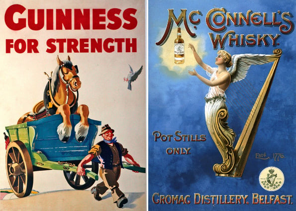 Left: Advertisement for Guinness, c.1950 by John Gilroy / Private Collection / DaTo Images Right: Poster advertising McConnell's Whisky, 1898, English School / Private Collection / © The Advertising Archives