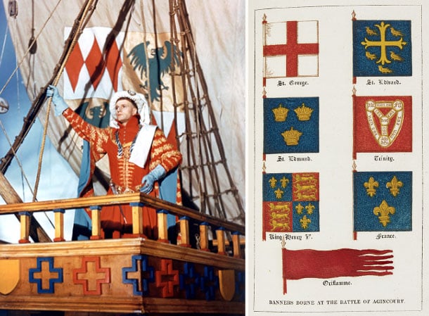 Left:  Laurence Olivier in 'Henry V', 1944 / Private Collection / Photo © DILTZ / Bridgeman Images Right: Banners borne at the Battle of Agincourt, illustration from 'The History of Agincourt; and of the expedition of Henry the Fifth into France.../ British Library, London, UK / Bridgeman Images