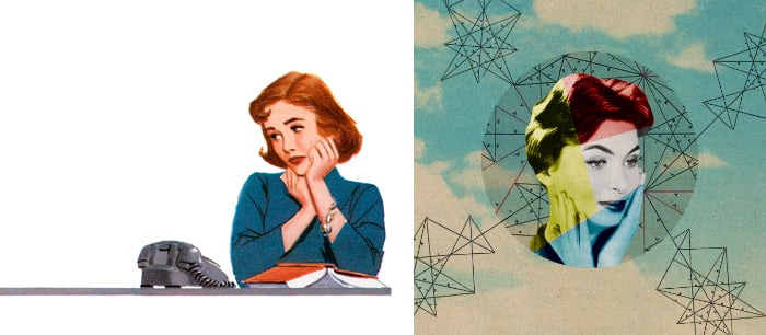 GRC1201965 Teenager Waiting for a Phone Call, 1959 (screen print) by American School, (20th century); Private Collection; (add.info.: Vintage illustration of a teenage girl, forlornly waiting for the telephone to ring; screen print, 1959© GraphicaArtis Right: CultureLabel.com Mixed Emotions by Sammy Slabbinck 