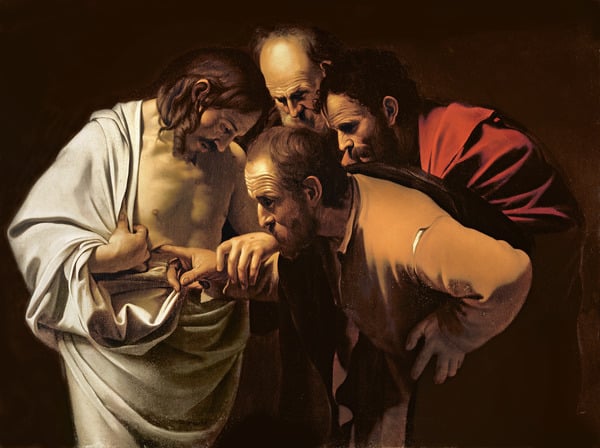 The Incredulity of St. Thomas, 1602-03 (oil on canvas), Caravaggio (1571-1610) / Schloss Sanssouci, Germany
