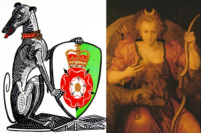 Left: The White Greyhound of Richmond. one of 'The Queen's Beasts', 1953 by Edward Bawden / UIG Right: Elizabeth I as Diana the Huntress, c.1560 (oil on canvas), Frans Floris / Hatfield House, Hertfordshire