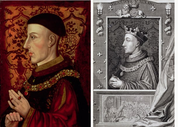 Left: Portrait of Henry V (1387-1422) (oil on panel) (see 106922), English School, (15th century) / National Portrait Gallery, London, UK / Bridgeman Images Right:  Henry V (1387-1422), after a painting in Kensington Palace (detail of the engraving), Vertue, George (1684-1756) / Private Collection / The Stapleton Collection / Bridgeman Images