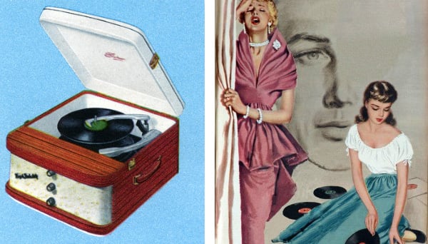 Left: Illustration of Portable Record Player, 1950s (screen print), American School, (20th century) / Private Collection / Photo © GraphicaArtis Right: Illustration from a women's magazine, 1950 (colour litho), English School, (20th century) / Private Collection / © The Advertising Archives