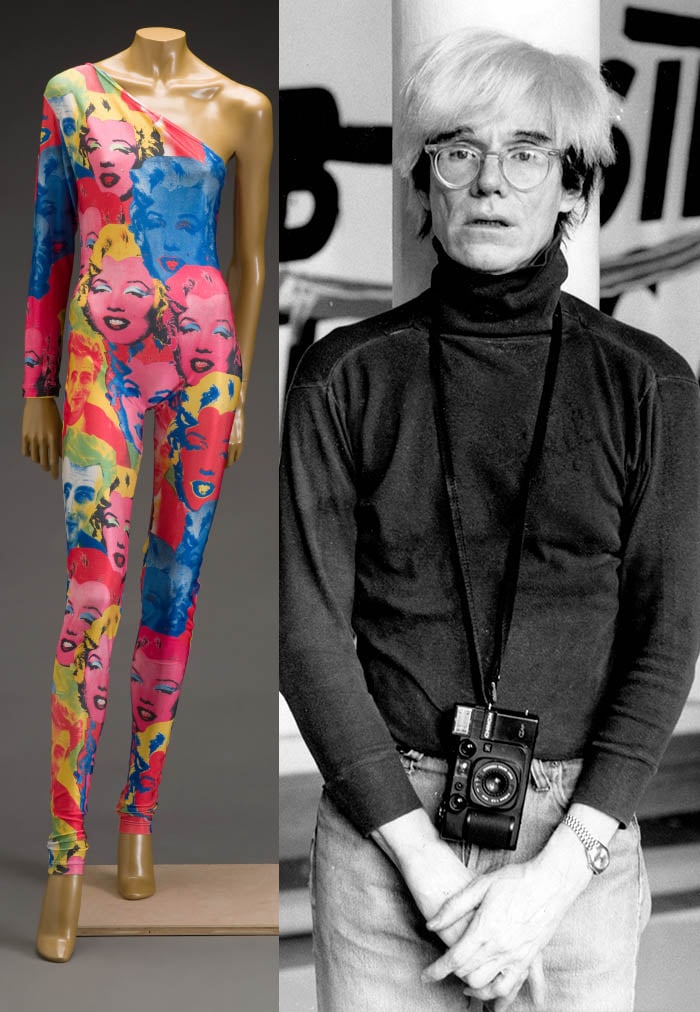 Left: Cat suit, 1991 (silk) by Gianni Versace, Gianni (1937-97) / Indianapolis Museum of Art, USA Right: Andy Warhol in 1984 in London