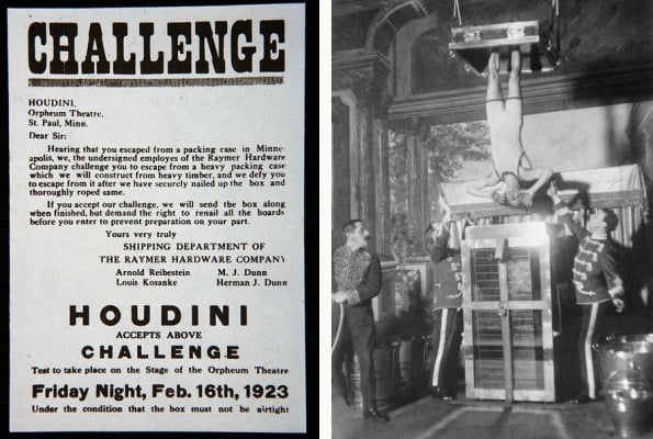 Left: Poster advertising a performance by Houdini, February 1923 (print), American School,  / Private Collection / Peter Newark American Pictures / Right: Houdini's Water Torture Cell escape. Houdini, with his ankles secured in stocks, was submerged and locked in place in full view of the audience. c. 1913 / Photo © Everett Collection 
