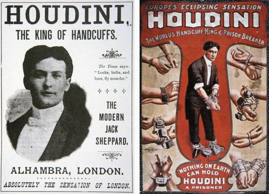 Left: Poster advertising a performance by Houdini at the Alhambra, London (print), English School, (20th century) / Private Collection / Peter Newark  American Pictures Right: Poster advertising a performance by Houdini, 1906 (colour litho), American School, (20th century) / Private Collection / Peter Newark American Pictures