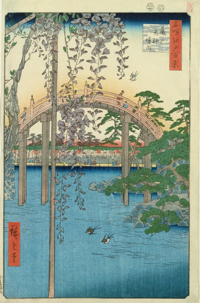 XIR200087 The Bridge with Wisteria or Kameido Tenjin Keidai, plate 57 from '100 Views of Edo', 1856 (colour woodblock print) by Hiroshige, Ando or Utagawa (1797-1858); 36x23.5 cm; Galerie Janette Ostier, Paris, France; Japanese, out of copyright.