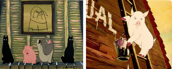 Left: Napoleon Takes Over, scene from the 1954 animated film of 'Animal Farm' adapted from the book by George Orwell (1903-50), Batchelor, Joy and Halas, John (20th century) / Halas & Batchelor Collection Ltd. Right: Snowball Paints the Animals' Commandments on the Barn Wall, scene from the 1954 animated film of 'Animal Farm' adapted from the book by George Orwell (1903-50), Batchelor, Joy and Halas, John (20th century) / Halas & Batchelor Collection Ltd.