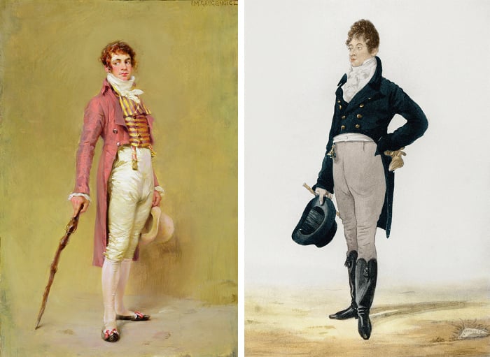 Left: The Dandy, 1905, Ignaz-Marcel Gaugengigl © Lawrence Steigrad Fine Arts, New York Right: Portrait of George 'Beau' Brummell (1778-1849) 1805 (colour litho) (see also 106690) (later colouration) by Robert Dighton