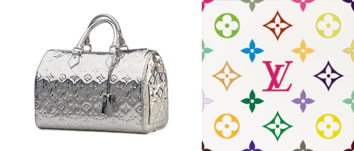 Left: Silver monogram Vernis Speedy mirror bag labeled "Louis Vuitton", probably 2006 © Christie's Images Right: Superflat Monogram, 2004 (acrylic on canvas), Murakami, Takashi (b.1962) / Private Collection / Photo © Christie's Images
