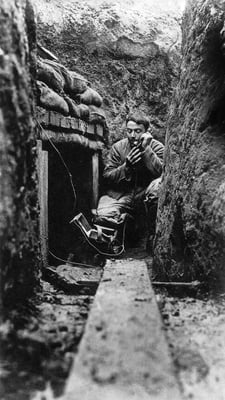 ERN2694979 French phone operator in a trench, ww1 (b/w photo); (add.info.: Telephoniste francais dans une tranchee (reglage d'un tir d'artillerie), 1ere guerre mondiale --- French phone operator in a trench, ww1); Photo © Laurent Erny; PERMISSION REQUIRED FOR NON EDITORIAL USAGE; RESTRICTIONS MAY APPLY FOR NON-EDITORIAL USE - PLEASE CONTACT US; out of copyright PLEASE NOTE: Bridgeman Images works with the owner of this image to clear permission. If you wish to reproduce this image, please inform us so we can clear permission for you.