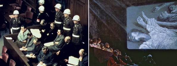 Left: Hermann Goering, Rudolf Hess, Joachim von Ribentrop and Wilhelm Keitel at the Nuremberg Trials, 1945-46, American Photographer, (20th c) / Private Collection Right: Nuremberg War Trials, 1945-6, Russian School, (20th century) / Private Collection / Peter Newark Military Pictures 