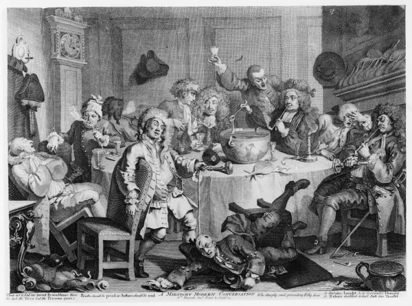 XJF397623 A Midnight Modern Conversation, from 'The Works of William Hogarth', 1733 (engraving) by Hogarth, William (1697-1764); Private Collection; English, out of copyright