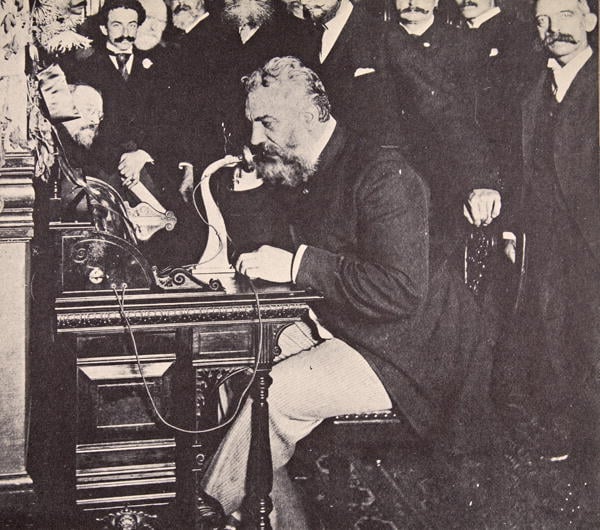 Alexander Graham Bell making the first call between New York and Chicago, 1892 (b/w photo), American Photographer, (19th century) / Private Collection / The Stapleton Collection