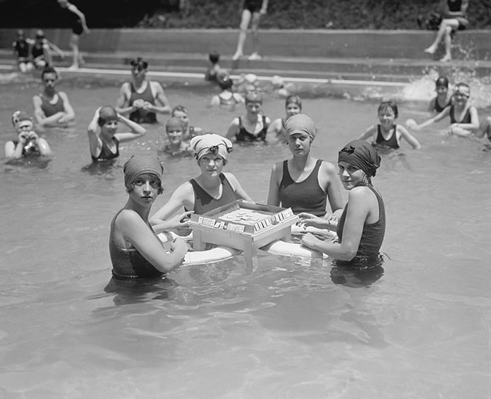 Four Women Playing Mah-Jong in Water at Bathing Beach, Washington DC, USA, 1924 (b/w photo), American Photographer, (20th century) / Circa Images