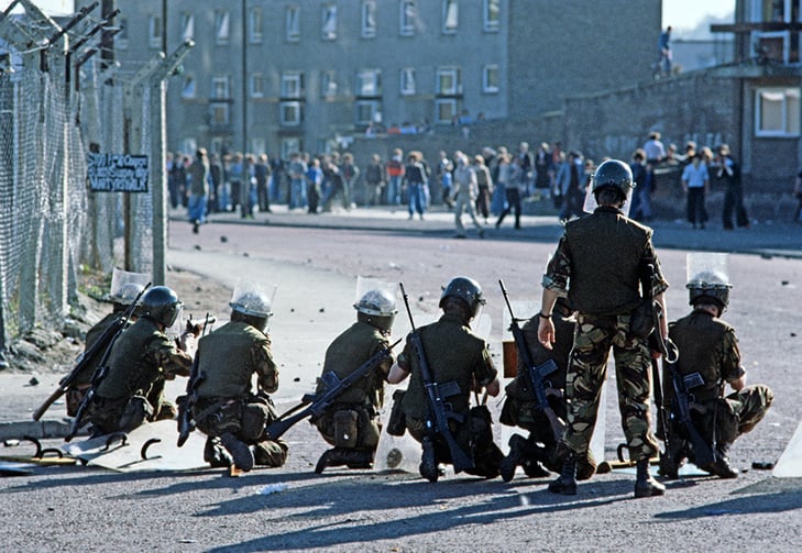 3287036 British Army controlling Rioting in the Streets of Derry after Apprentice Boys March during The Troubles, Northern Ireland, 1975 (photo); (add.info.: LONDONDERRY/DERRY, UNITED KINGDOM - AUGUST 1975. British Army controlling Rioting in the Streets of Derry after Apprentice Boys March during The Troubles, Northern Ireland The Northern Ireland Troubles); Photo Â© Alain Le Garsmeur; out of copyright.