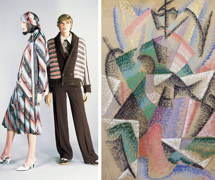 Left: Ensemble by Missoni, 1974 (wool); Fashion Museum, Bath Right: Dancer among the tables, 1912 by Gino Severini /De Agostini Picture Library