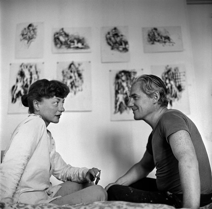 3587485 Elaine and Bill De Kooning, 1953 (b/w photo); Private Collection; (add.info.: Elaine and Bill De Kooning seated with artwork behind them. Willem de Kooning (1904-97) was a Dutch-American abstract expressionist artist who was born in Rotterdam, Netherlands, and moved to New York in 1927.); Photo Â© Tony Vaccaro; PERMISSION REQUIRED FOR NON EDITORIAL USAGE; RESTRICTIONS MAY APPLY FOR COMMERCIAL USE - PLEASE CONTACT US; out of copyright. PLEASE NOTE: Bridgeman Images works with the owner of this image to clear permission. If you wish to reproduce this image, please inform us so we can clear permission for you.