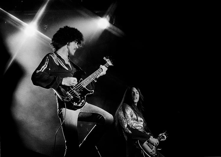 Phil Lynott - portrait of the Irish bassist performing with his band 'Thin Lizzy' at the 1977 Reading Festival. Photo © Odile Nöel / Bridgeman Images