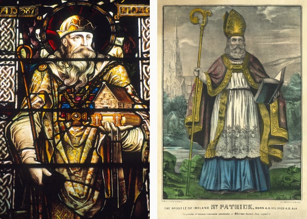 Left: Stained glass window depicting St. Patrick (stained glass), Irish School / St. Patrick's Cathedral, Dublin, Ireland / Ken Welsh Right: St Patrick, pub. Currier & Ives, c.1860 (hand coloured engraving), American School, (19th century) / Private Collection / The Stapleton Collection 